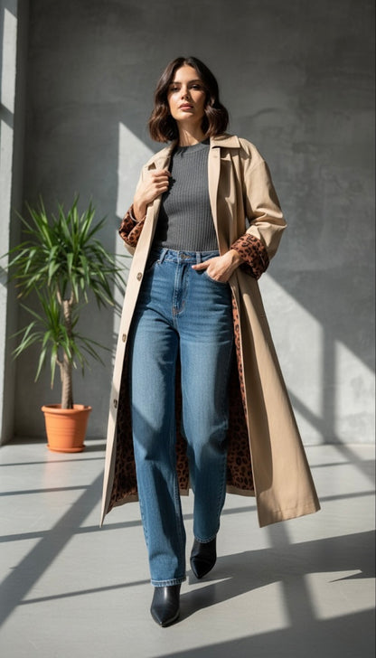 Desenli Astarlı Oversize Trençkot Bej