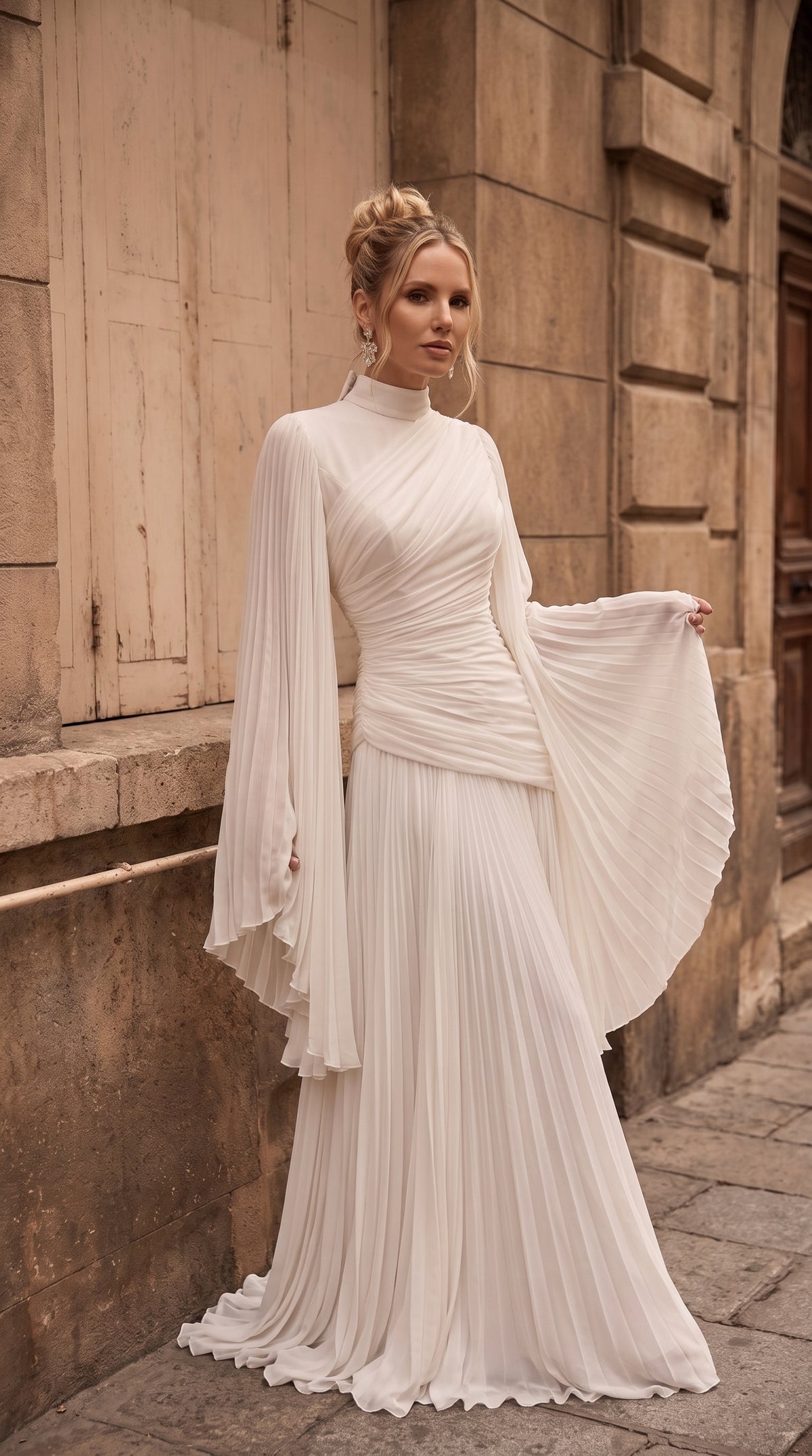 Angel Dress – Plise Detaylı Pelerin Kollu Beyaz Abiye Elbise – 27001