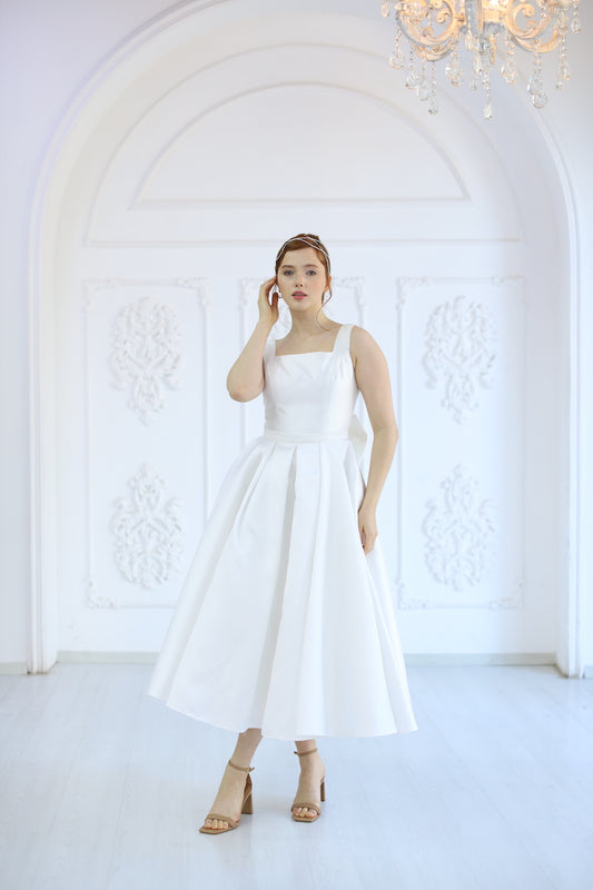 Midi Boy Kare Yaka Elbise Ekru