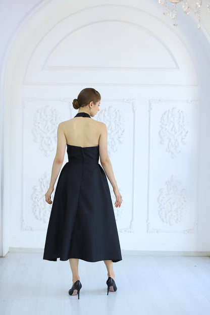 Halter Yaka Midi Boy Elbise Siyah