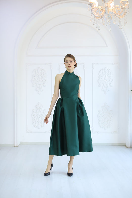 Halter Yaka Midi Boy Elbise Yeşil
