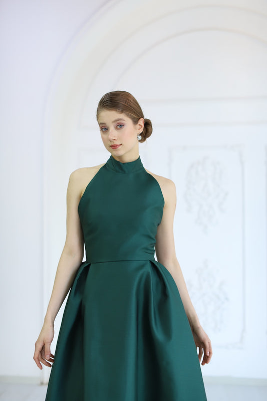 Halter Yaka Midi Boy Elbise Yeşil