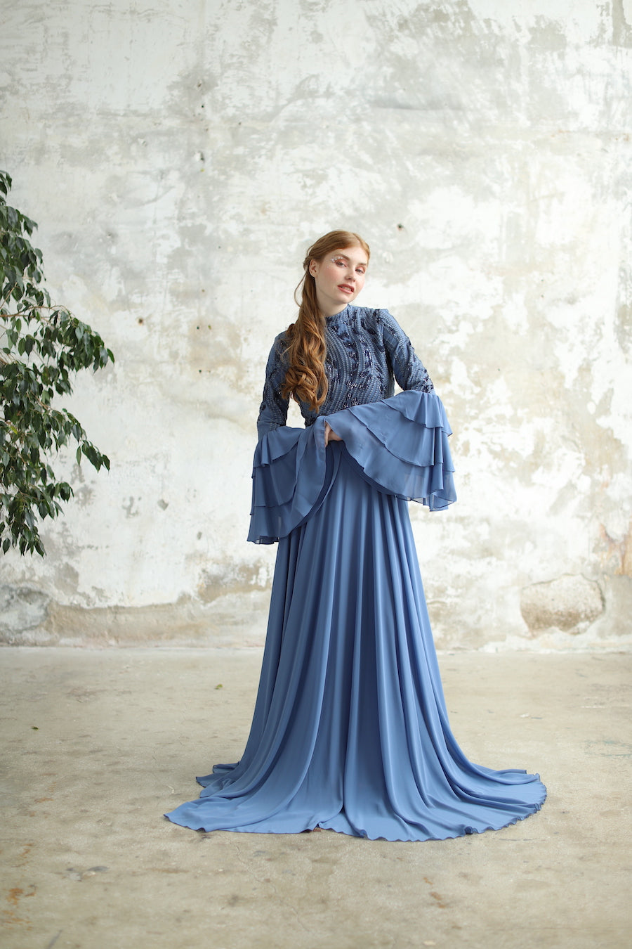 İndigo Volan Kollu Elbise