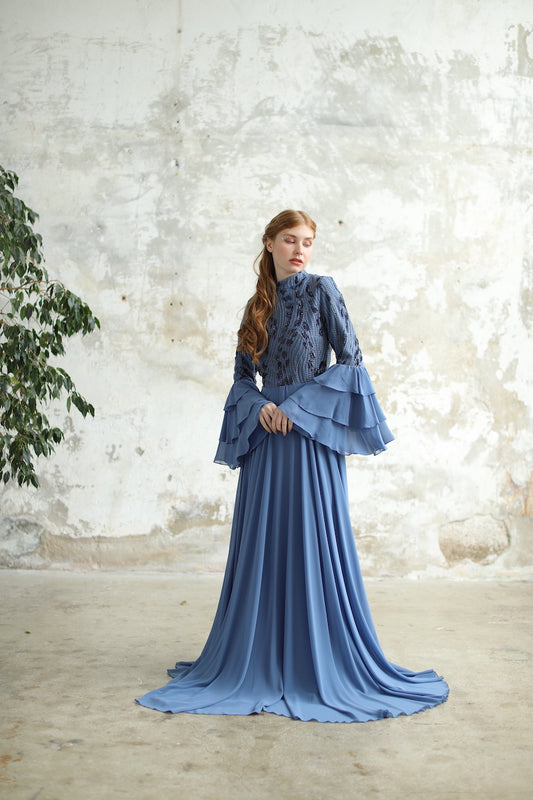 İndigo Volan Kollu Elbise