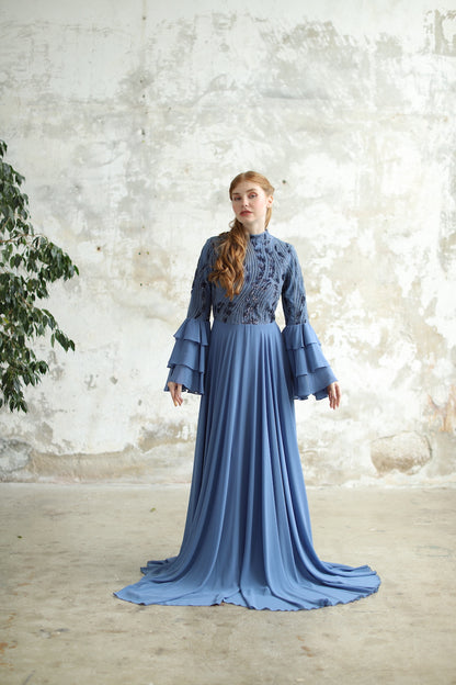 İndigo Volan Kollu Elbise