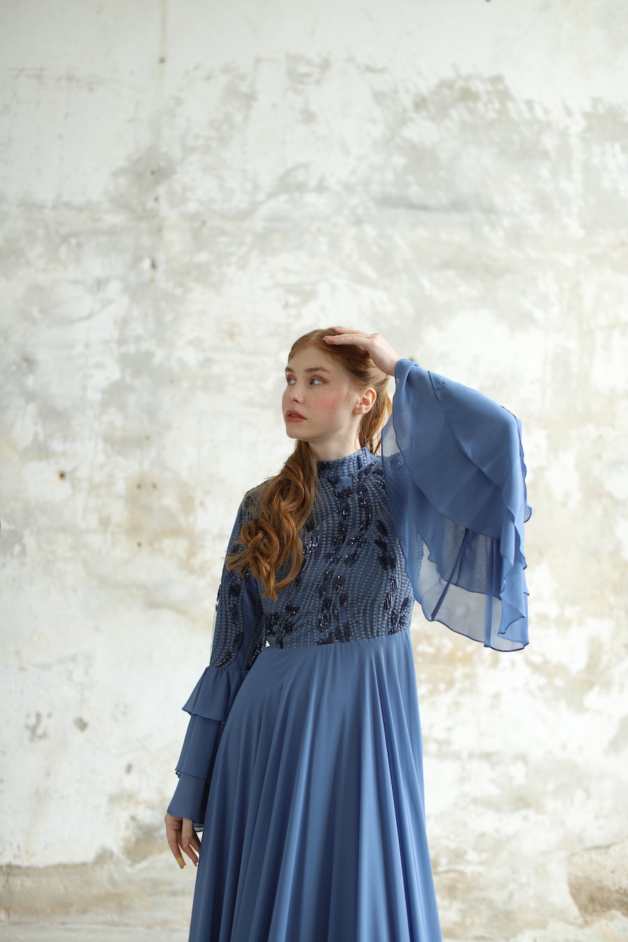 İndigo Volan Kollu Elbise