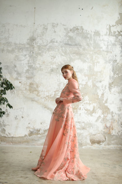 3 Boyutlu İthal Kumaş Çiçekli Elbise Somon