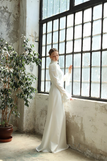 Robe de soirée voilée en pierre couleur poudre