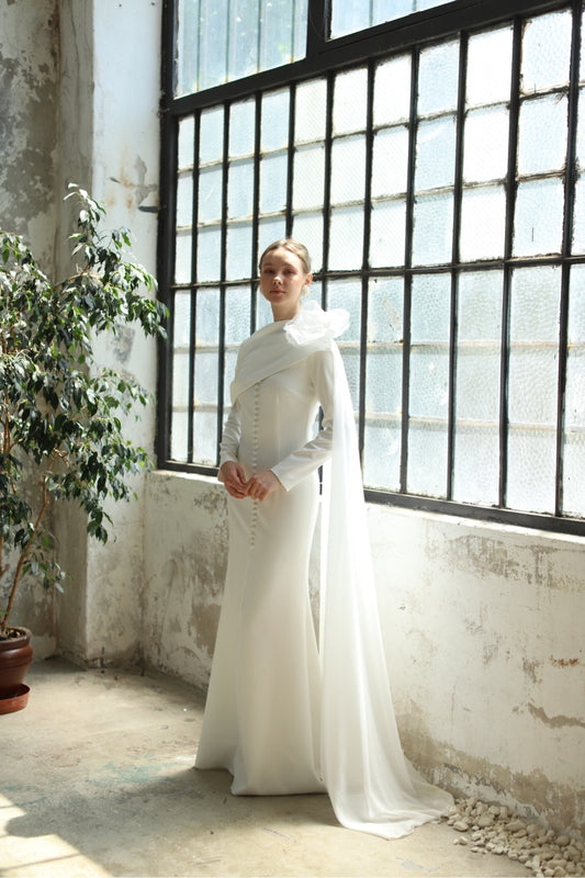 Robe de soirée voilée en pierre couleur poudre