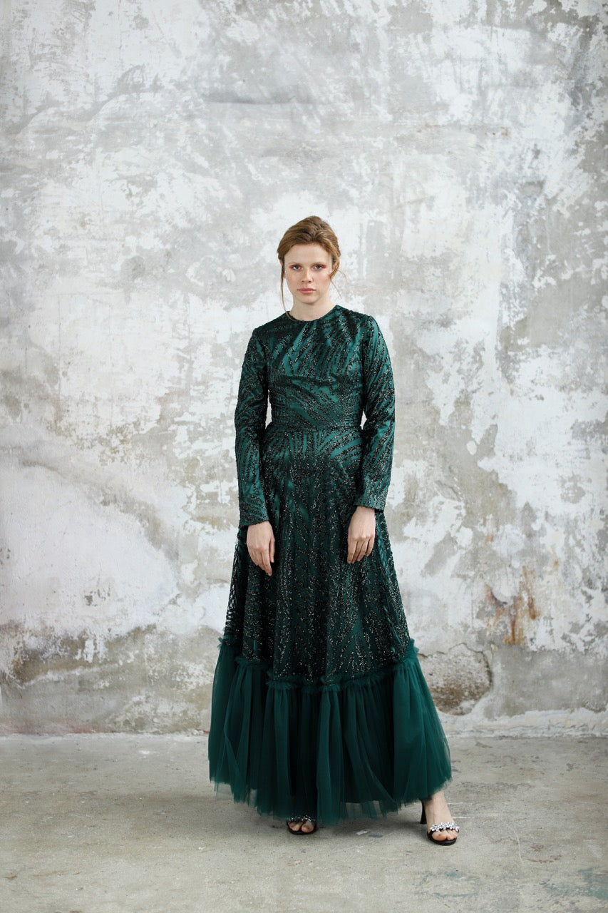 Zümrüt Yeşili Simli Olya Dress 2034