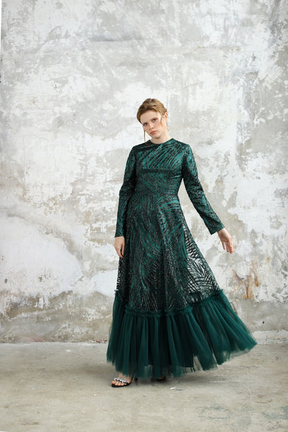 Zümrüt Yeşili Simli Olya Dress 2034