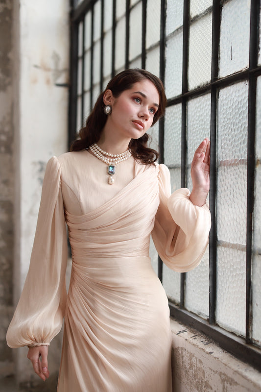 Drape Detaylı Elbise Bej 20251