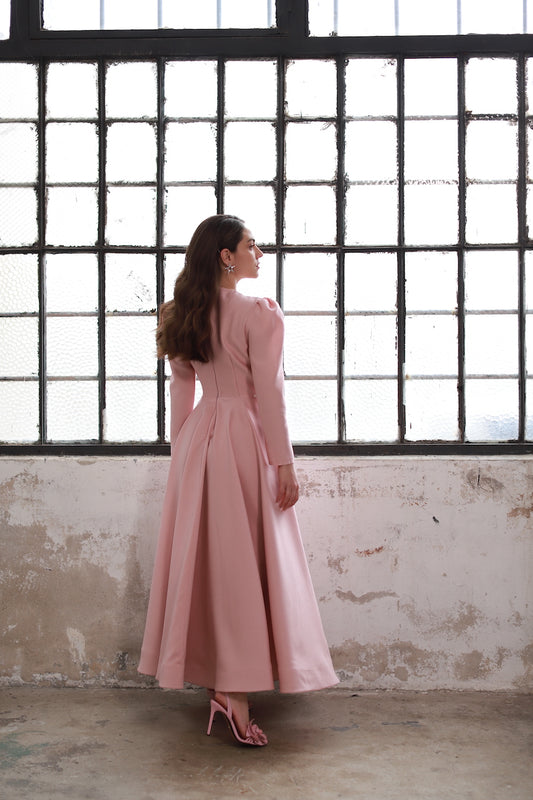 Kelebek Yaka Elbise Pudra 20252