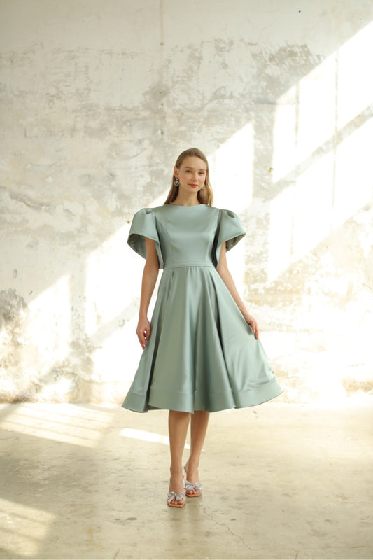 Midi Boy Açık Yeşil Saten Elbise