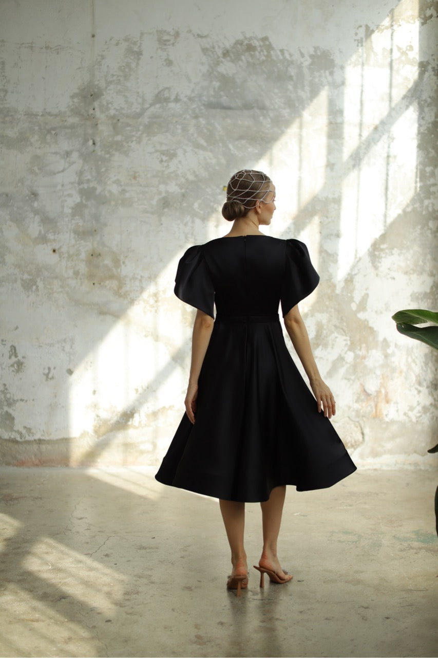Midi Length Black Satin Dress