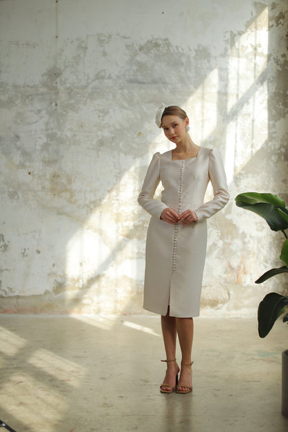 Parisian Düğmeli Bej Nikah Elbisesi