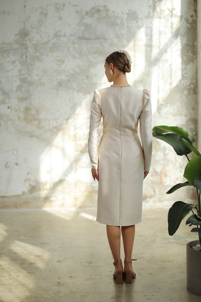 Parisian Düğmeli Bej Nikah Elbisesi