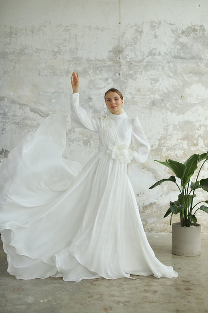 Çiçek Detaylı Manolya Elbise Ekru