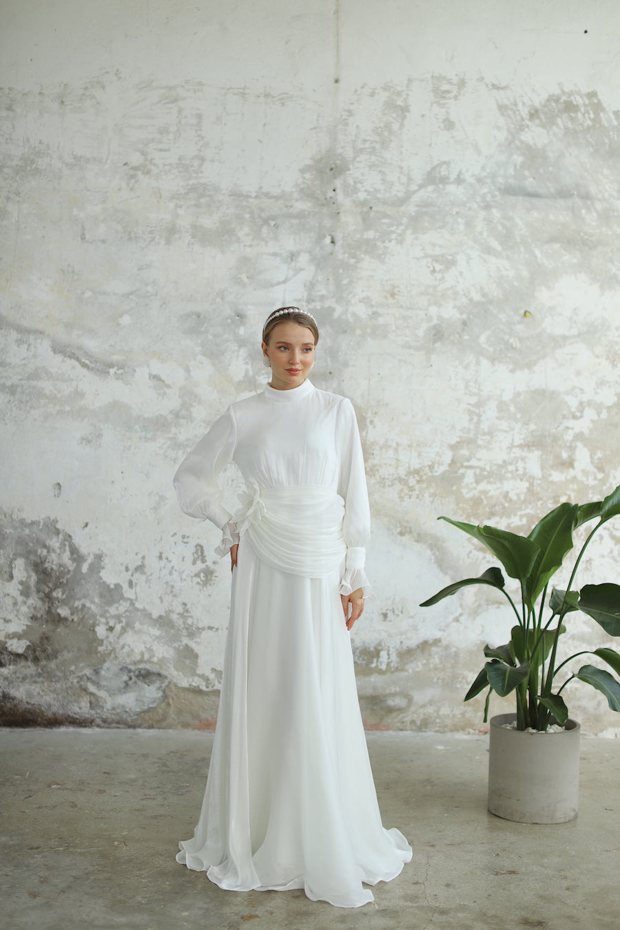 Bel Drape Detaylı Ekru  Elbise