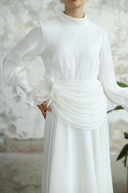 Bel Drape Detaylı Ekru  Elbise