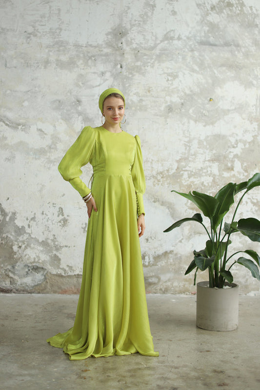 Bağcık Detaylı Şık Elbise Lime Sarı