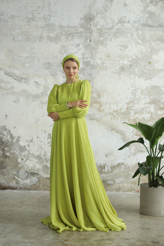 Bağcık Detaylı Şık Elbise Lime Sarı