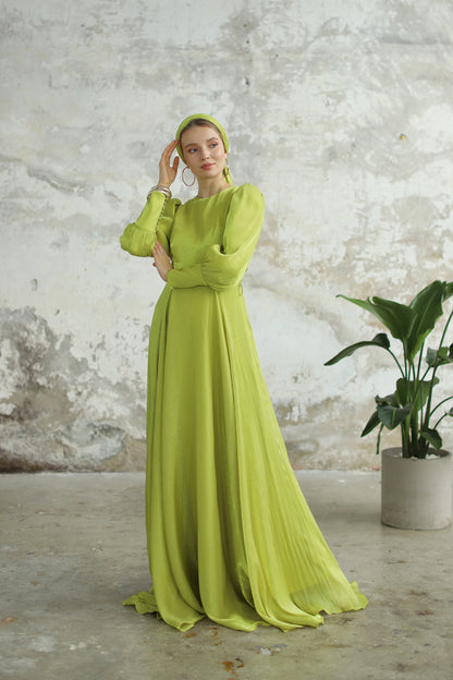 Bağcık Detaylı Şık Elbise Lime Sarı