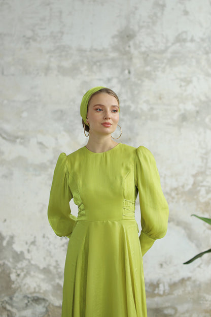 Bağcık Detaylı Şık Elbise Lime Sarı