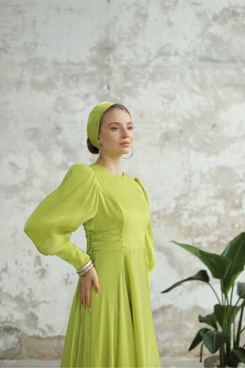 Bağcık Detaylı Şık Elbise Lime Sarı