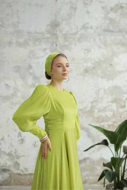 Bağcık Detaylı Şık Elbise Lime Sarı