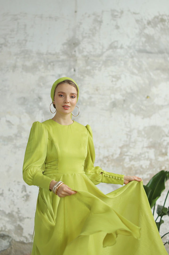 Bağcık Detaylı Şık Elbise Lime Sarı