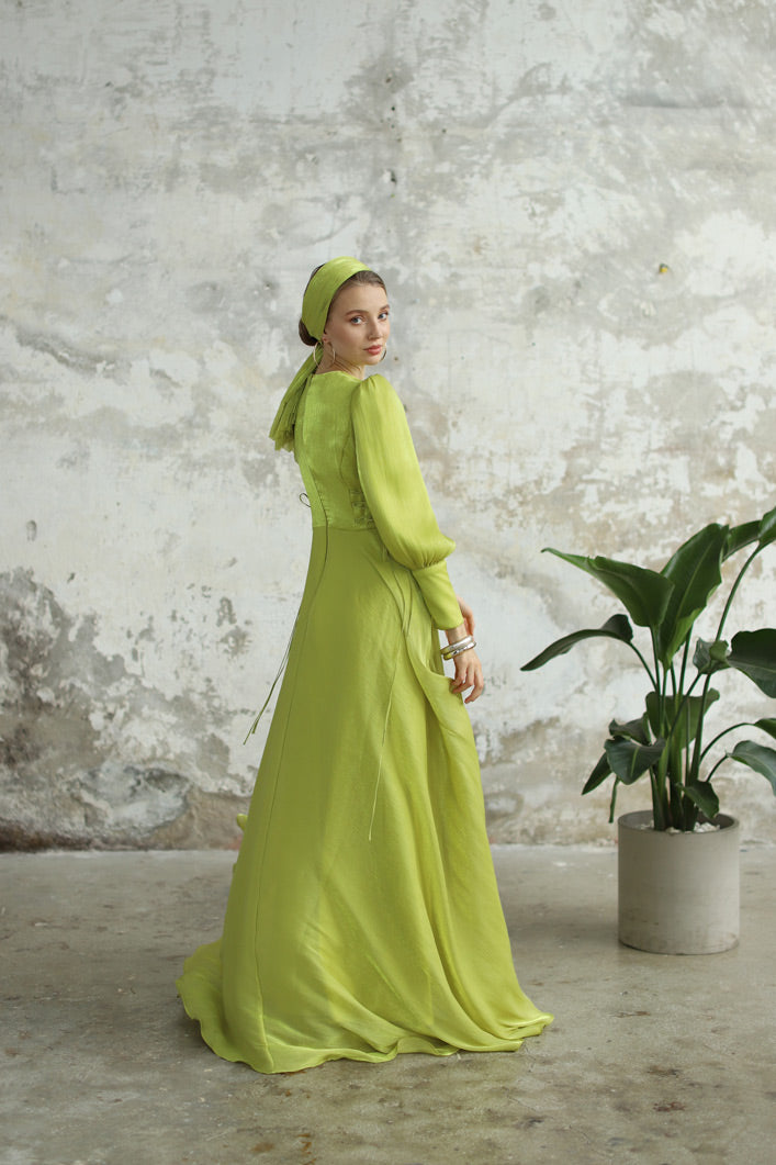 Bağcık Detaylı Şık Elbise Lime Sarı