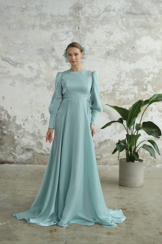 Bağcık Detaylı Şık Elbise Su Yeşili