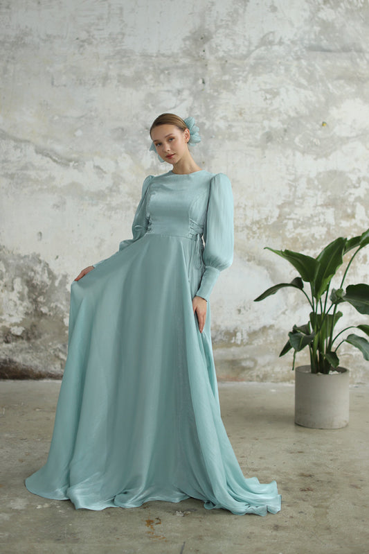 Bağcık Detaylı Şık Elbise Su Yeşili