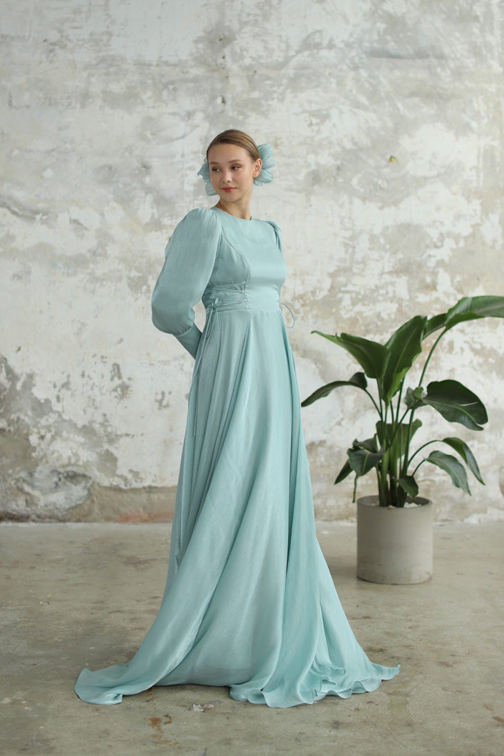 Bağcık Detaylı Şık Elbise Su Yeşili