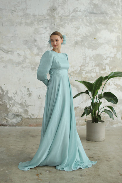 Bağcık Detaylı Şık Elbise Su Yeşili