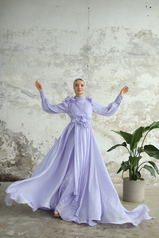 Çiçek Detaylı Manolya Elbise Lila