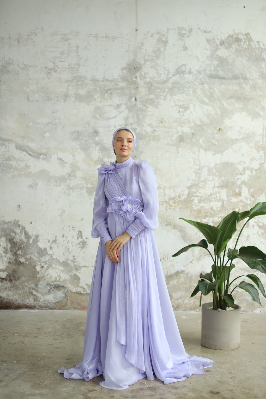 Çiçek Detaylı Manolya Elbise Lila