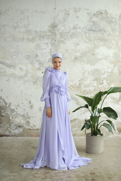 Çiçek Detaylı Manolya Elbise Lila