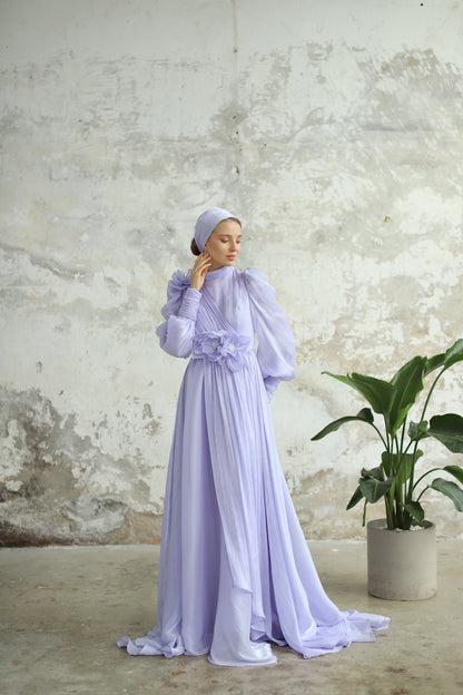 Çiçek Detaylı Manolya Elbise Lila