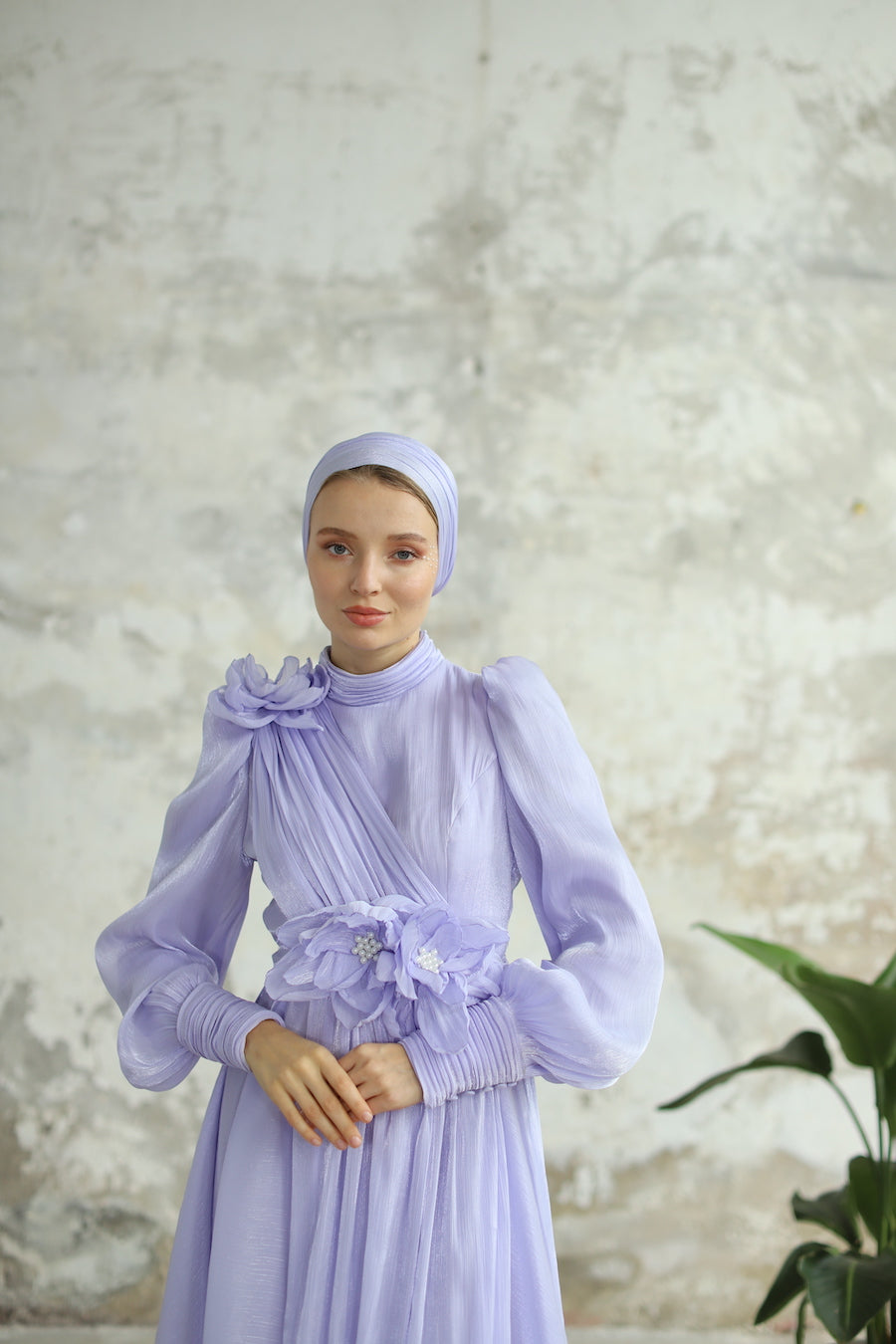 Çiçek Detaylı Manolya Elbise Lila