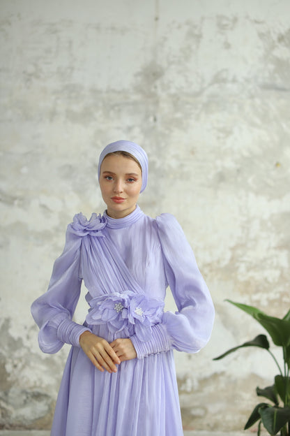 Çiçek Detaylı Manolya Elbise Lila