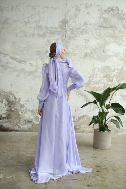 Çiçek Detaylı Manolya Elbise Lila