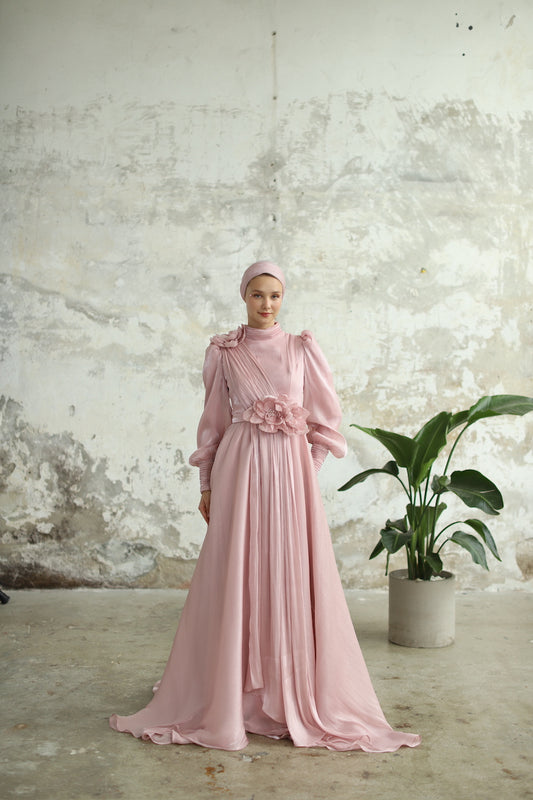 Çiçek Detaylı Manolya Elbise Pudra