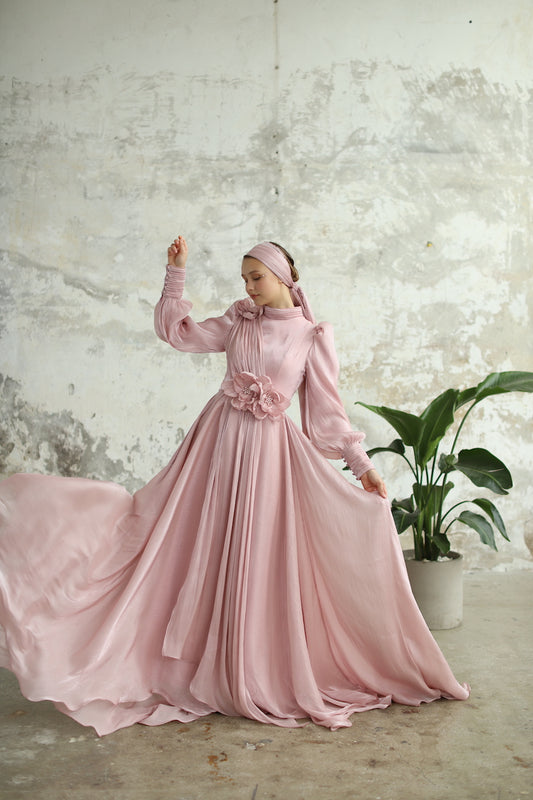 Çiçek Detaylı Manolya Elbise Pudra