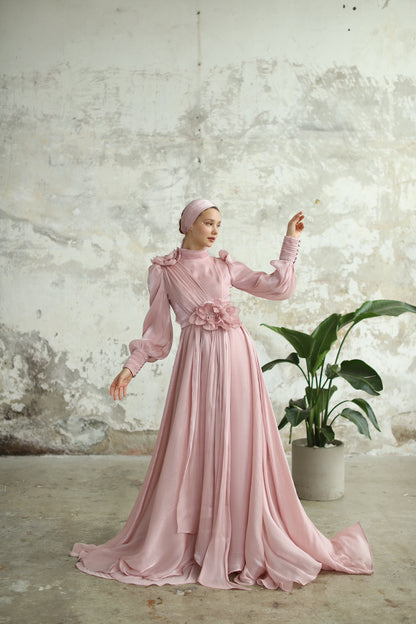 Çiçek Detaylı Manolya Elbise Pudra