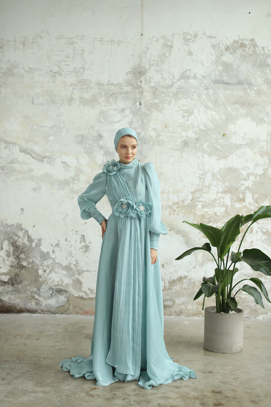 Çiçek Detaylı Manolya Elbise Su Yeşili