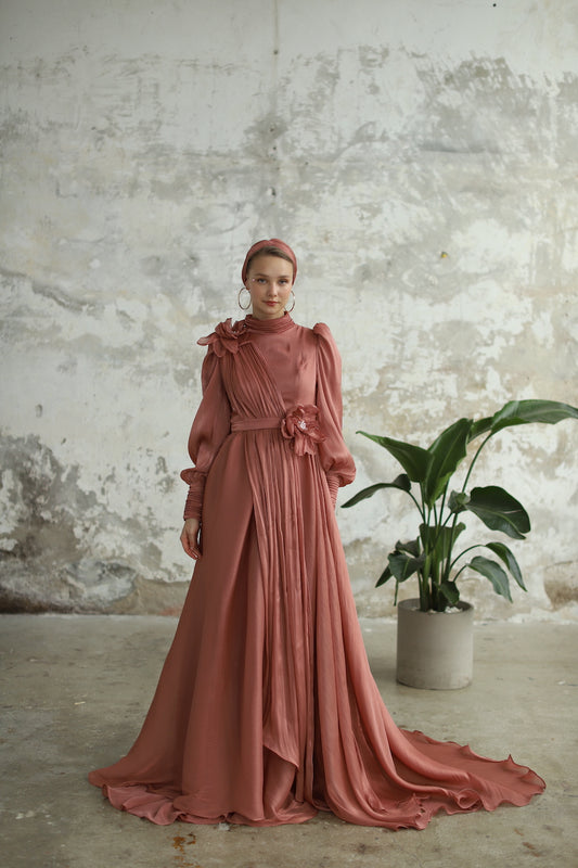 Çiçek Detaylı Manolya Elbise Bakır Rengi