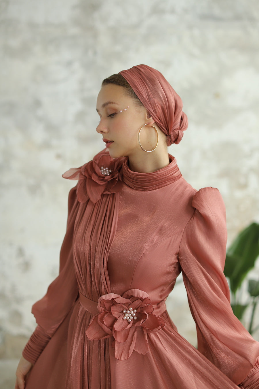 Çiçek Detaylı Manolya Elbise Bakır Rengi