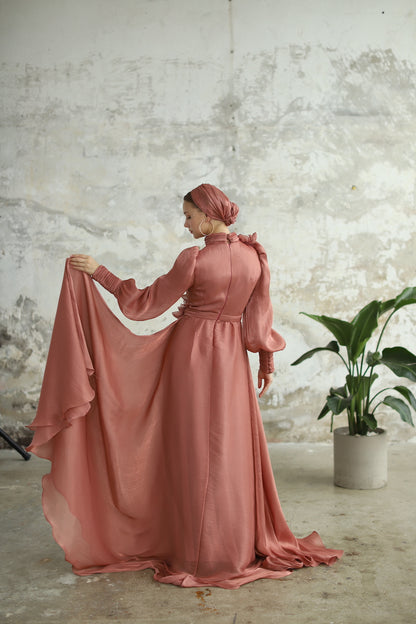 Çiçek Detaylı Manolya Elbise Bakır Rengi